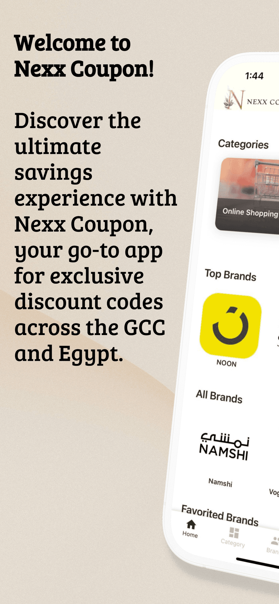 Promotional banner for Nexx Coupon app showcasing discount codes for brands across the GCC and Egypt.